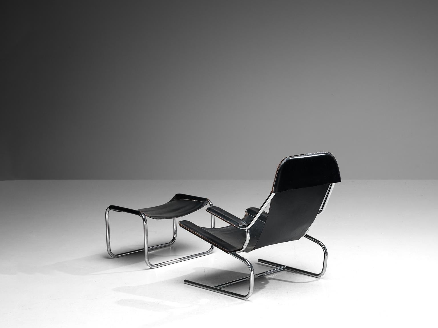 Tubular Lounge Chair and Ottoman in Black Leather