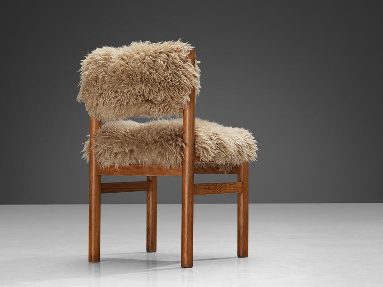 Set of Six Dining Chairs in Pine and Sheepskin