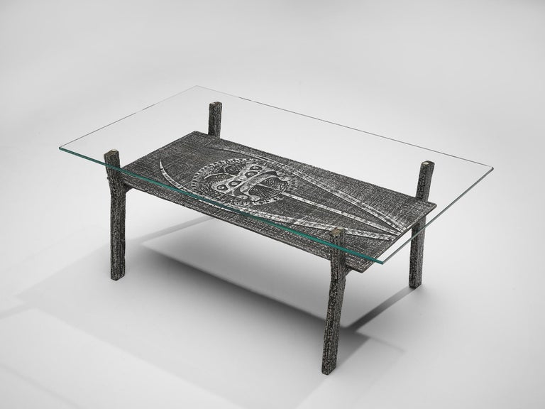 Brutalist Coffee Table in Aluminum and Glass