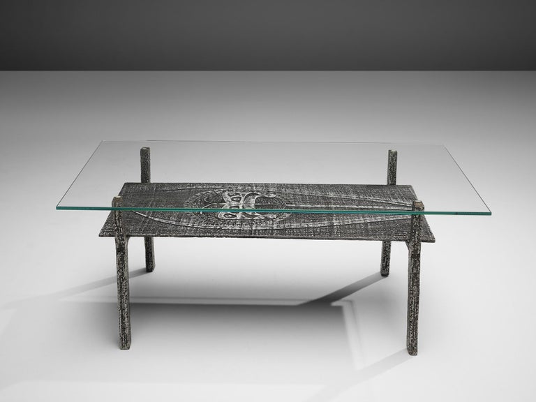 Brutalist Coffee Table in Aluminum and Glass