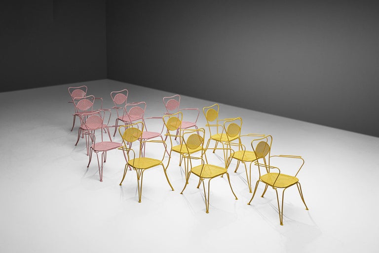 Large Set of Italian Patio Chairs in Pink and Yellow Lacquered Steel
