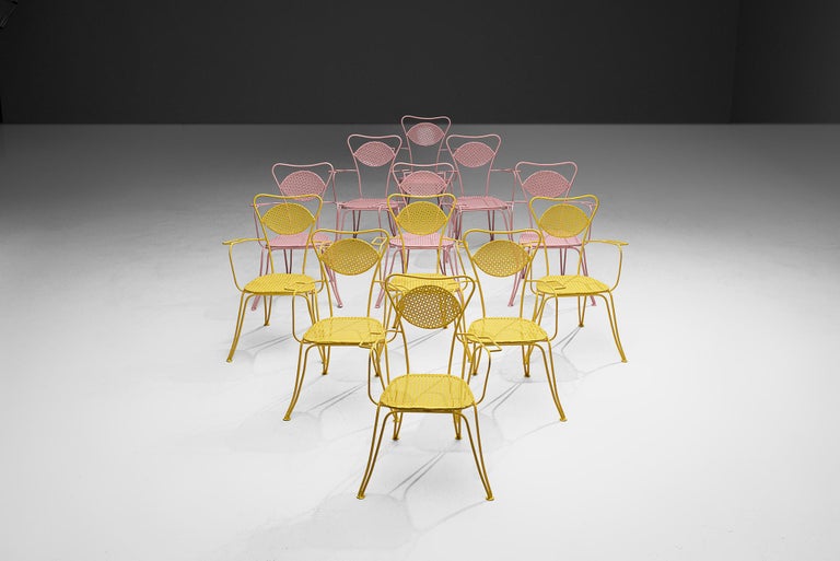 Large Set of Italian Patio Chairs in Pink and Yellow Lacquered Steel
