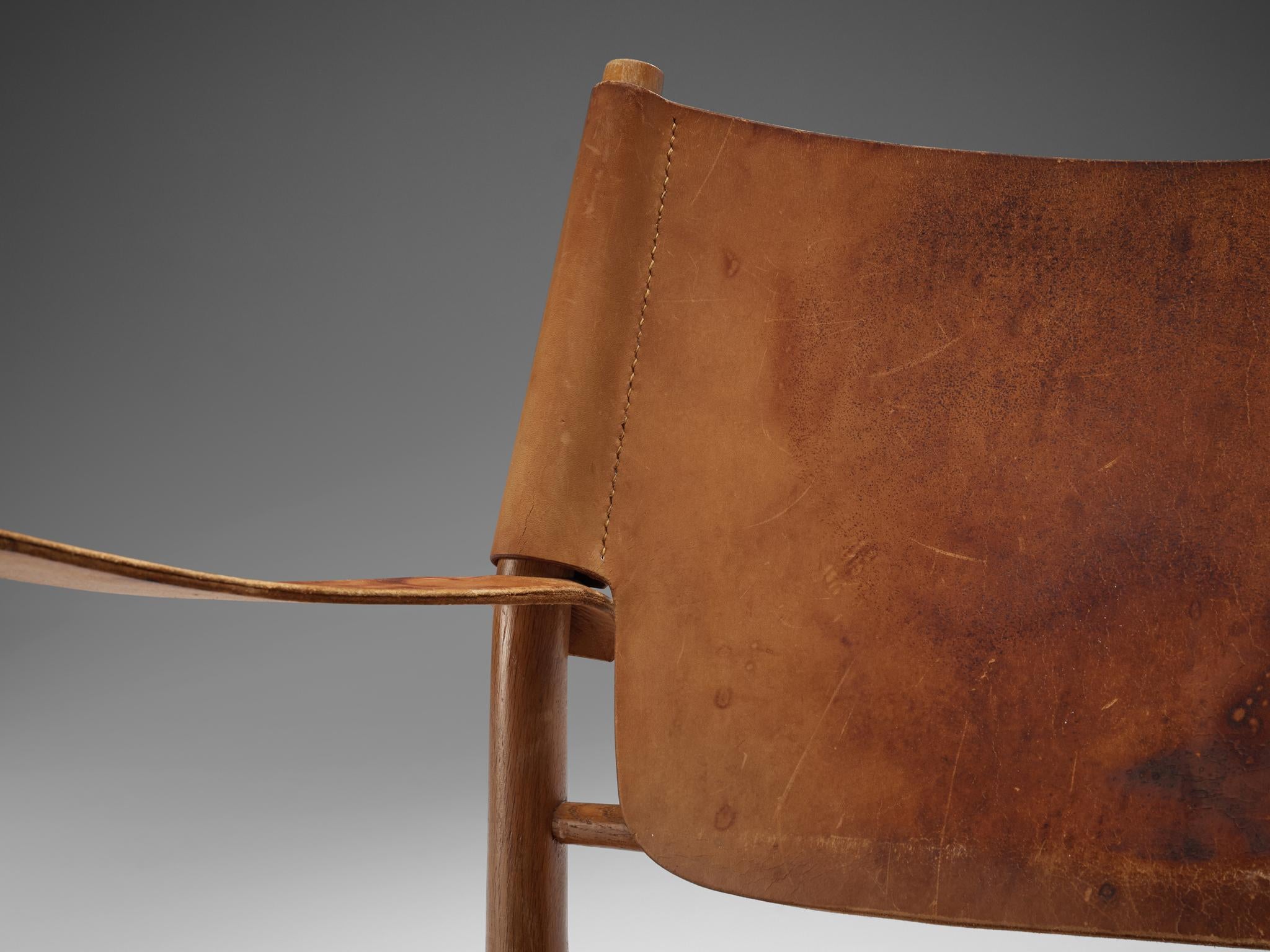 Pair of Safari Chairs in Cognac Leather and Oak