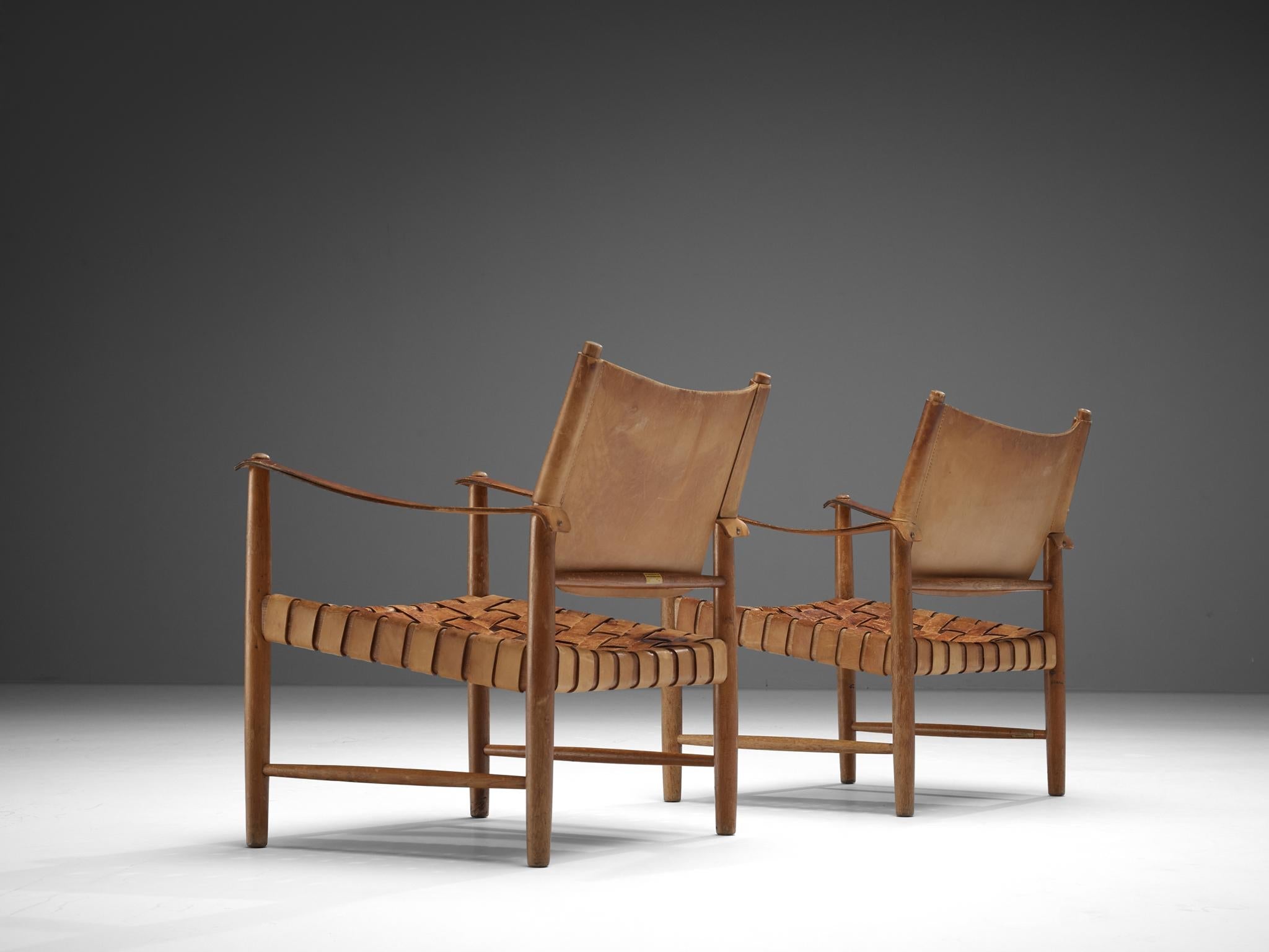 Pair of Safari Chairs in Cognac Leather and Oak