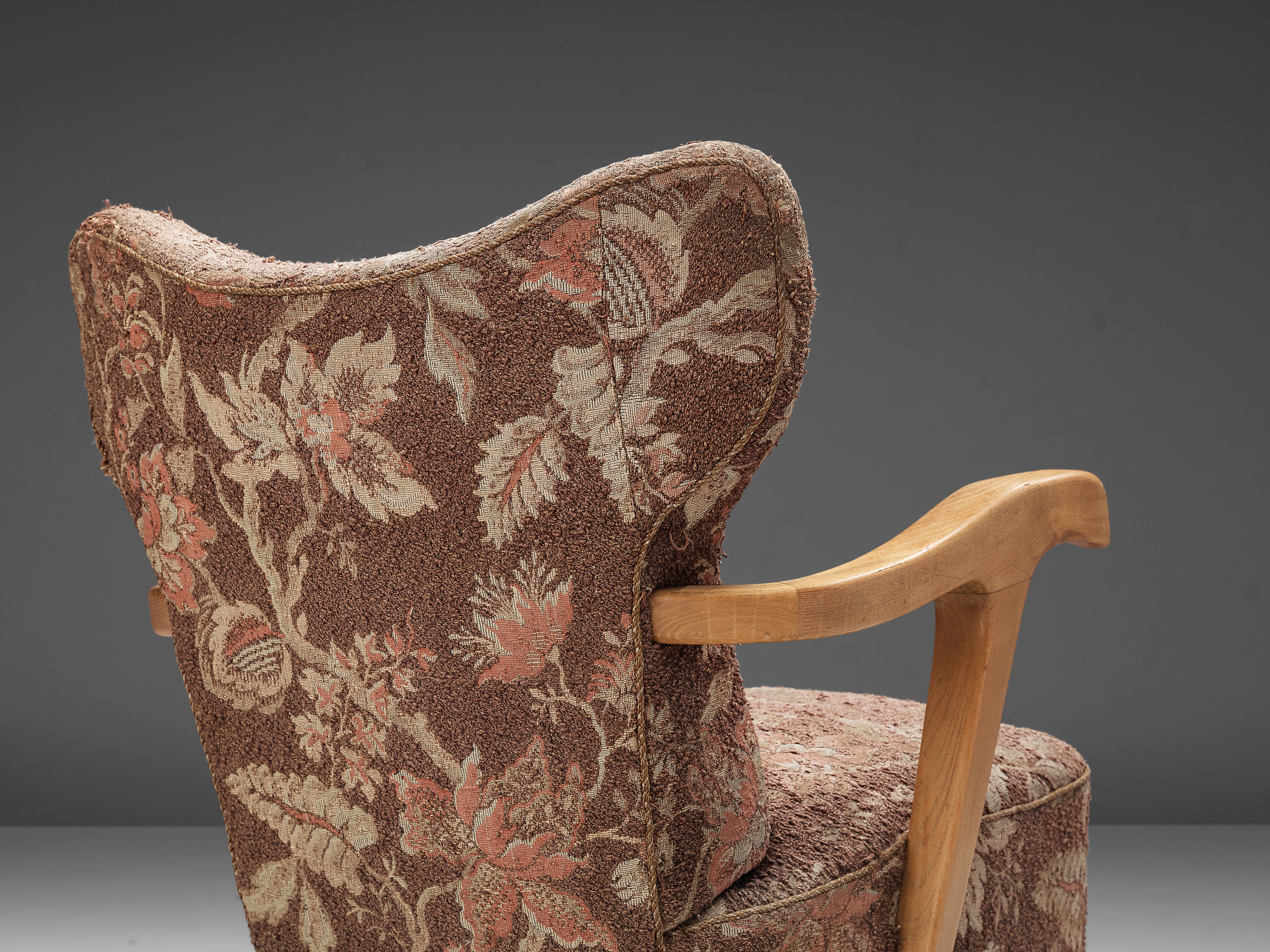 Pair of Sculptural Italian Lounge Chairs in Oak and Floral Upholstery