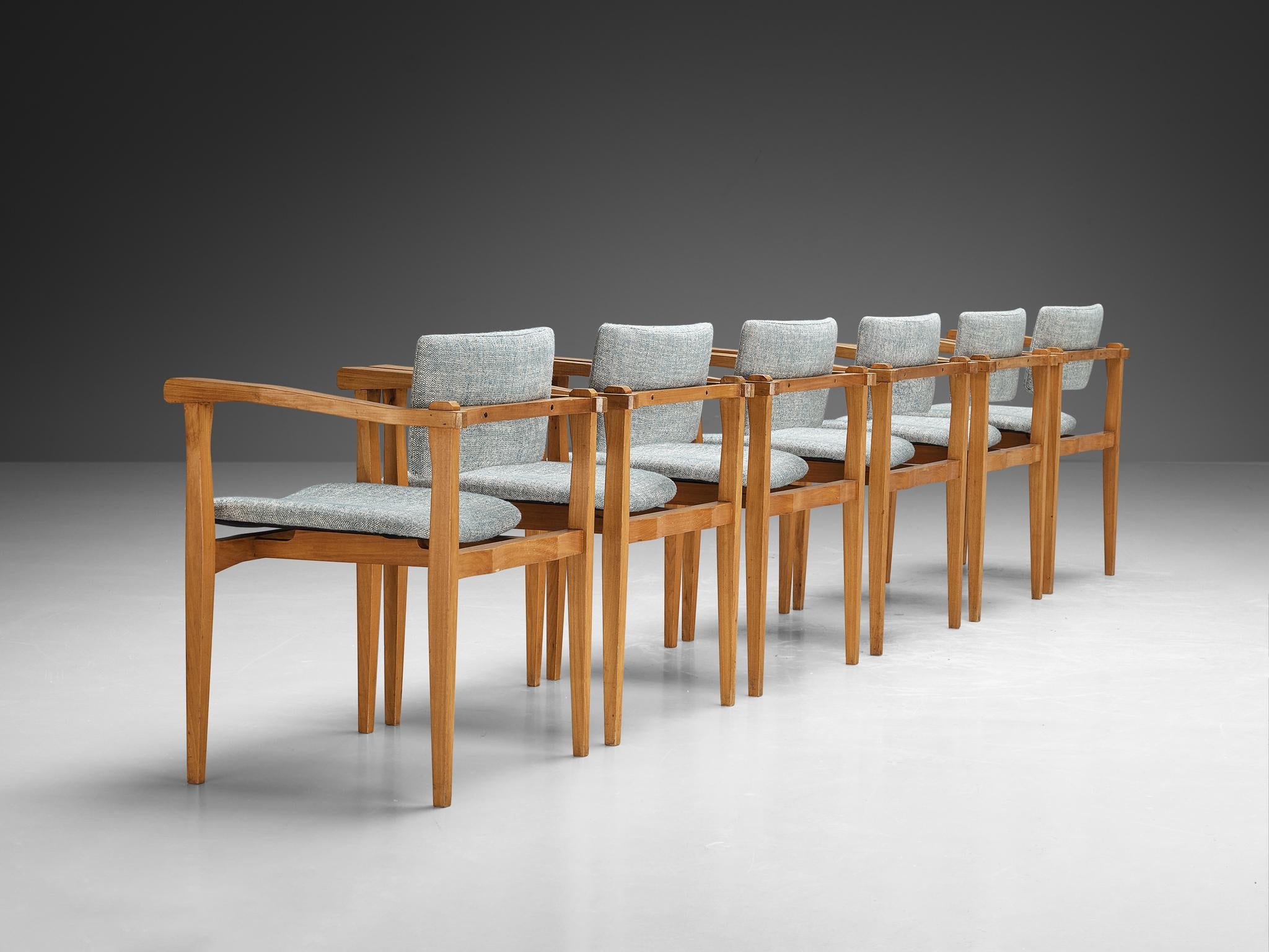 Italian Set of Six Armchairs in Walnut and Pierre Frey Upholstery