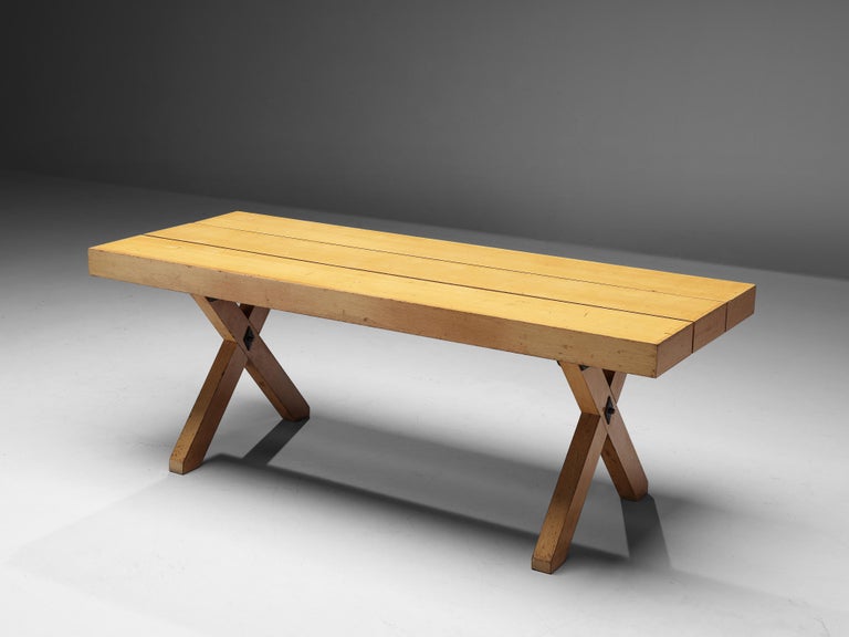 Rustic Italian Oak Cross-Legged Dining Table with Metal