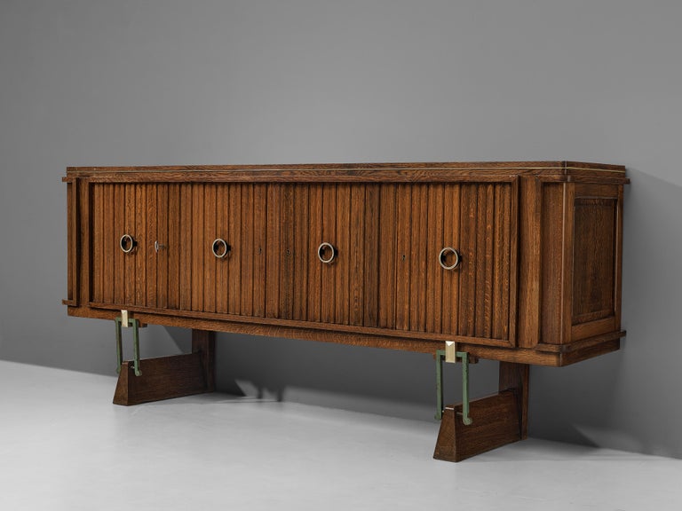 French Late Art Deco Sideboard in Solid Oak and Brass Details
