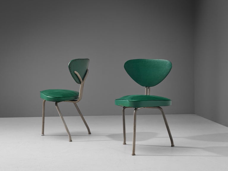 Pair of Tripod Chairs in Steel and Green Leatherette
