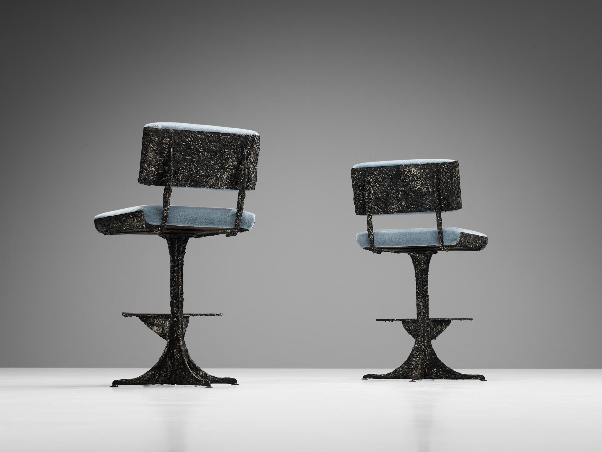 Rare Paul Evans for Directional Pair of Barstools in Sculpted Bronze