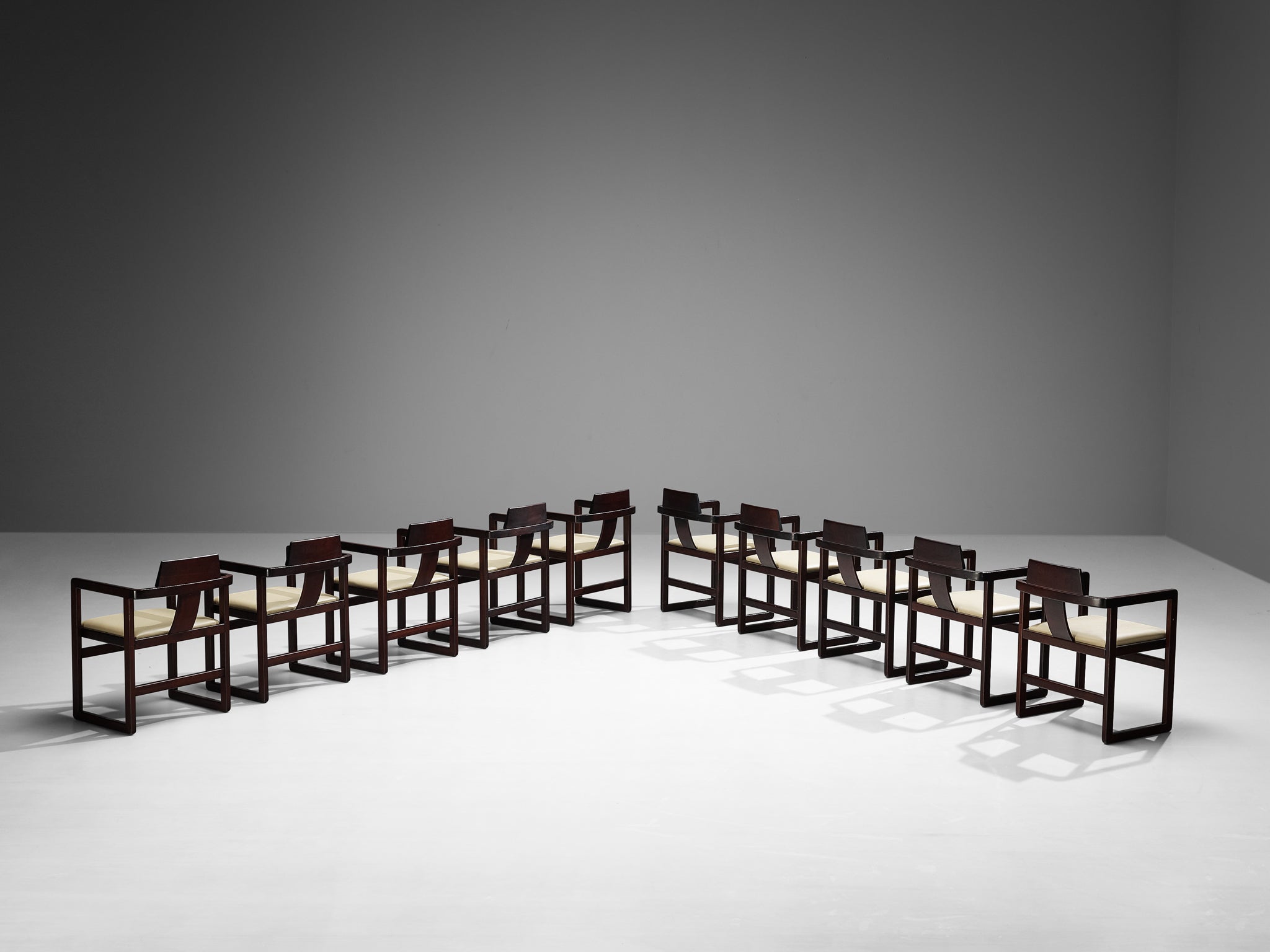 Italian Set of Ten Geometric Armchairs in Stained Wood