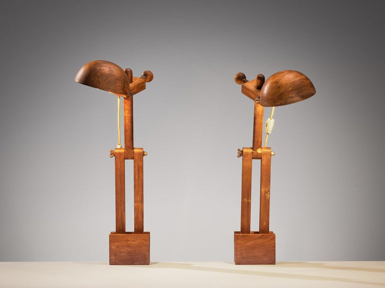 Paolo Pallucco Playful Table Clamp Lamps in Solid Chestnut