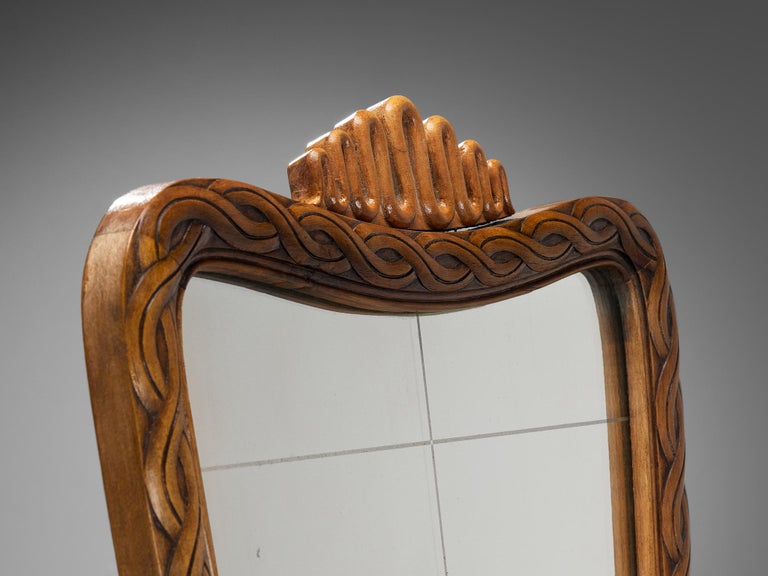 Unique Italian Vanity Table with Mirror and Carved Elements in Oak