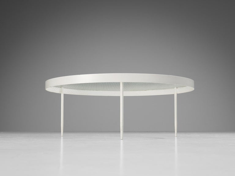 Janni Van Pelt Round Coffee Table in White Lacquered Metal and Wired Glass