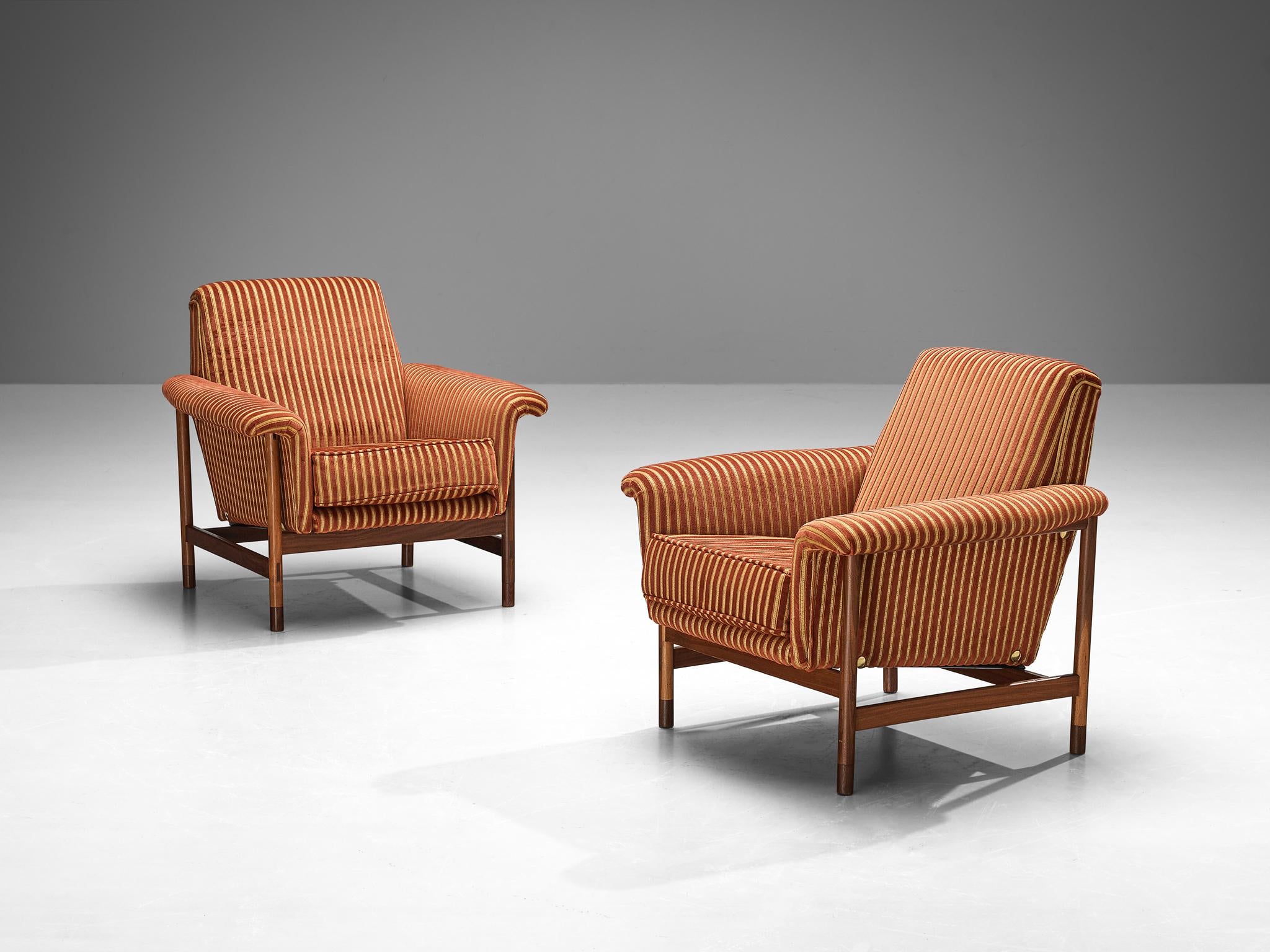 Pair of Italian Lounge Chairs in Teak and Red Striped Upholstery