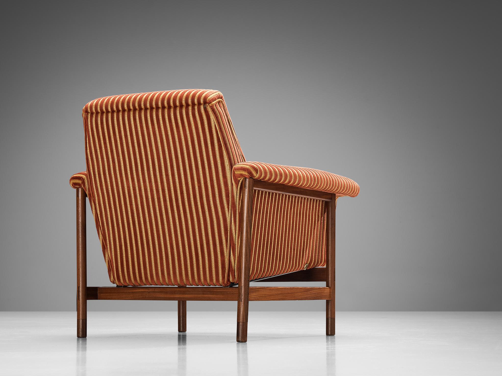 Pair of Italian Lounge Chairs in Teak and Red Striped Upholstery