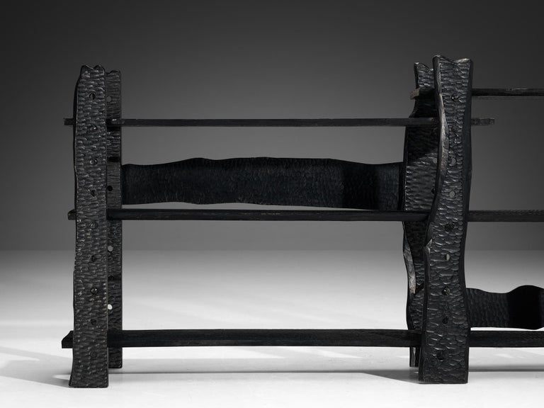 Sculptural Bookcase in Black Lacquered Wood with Decorative Carvings