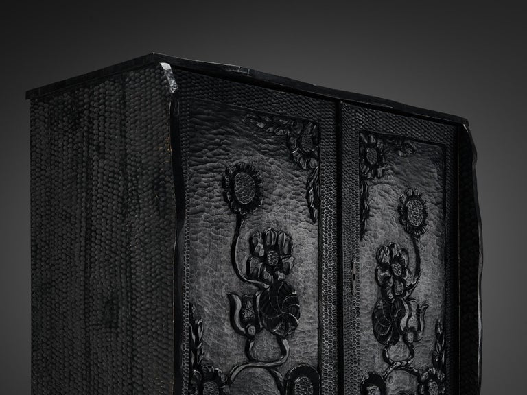 Sculptural Cabinet in Black Lacquered Wood with Decorative Carvings
