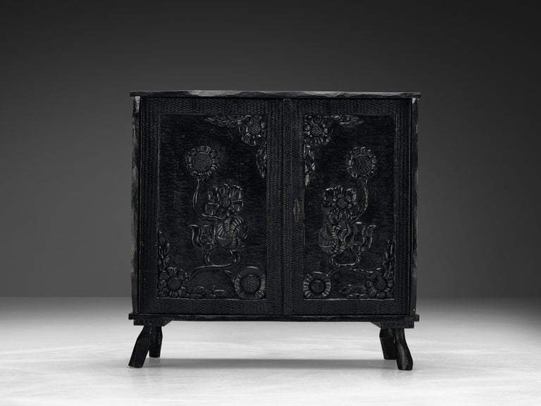 Sculptural Cabinet in Black Lacquered Wood with Decorative Carvings