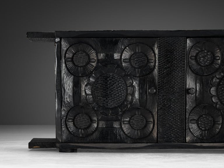 Sculptural Trunk in Black Lacquered Wood with Decorative Carvings
