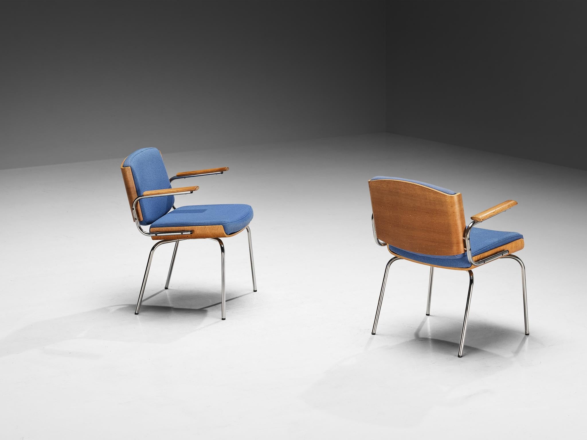 Danish Set of Eight Armchairs in Oak and Chrome with Blue Upholstery