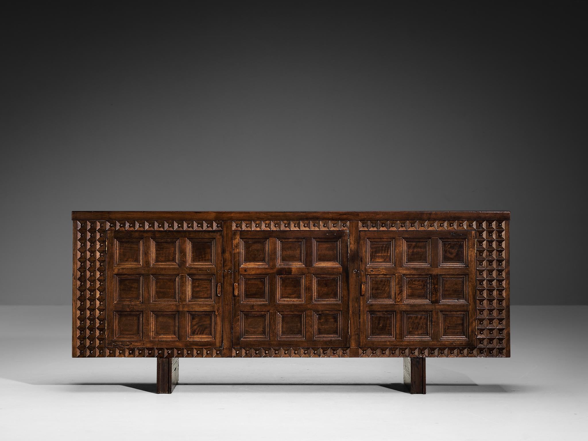 Spanish Brutalist Sideboard with Sophisticated Carvings in Maple