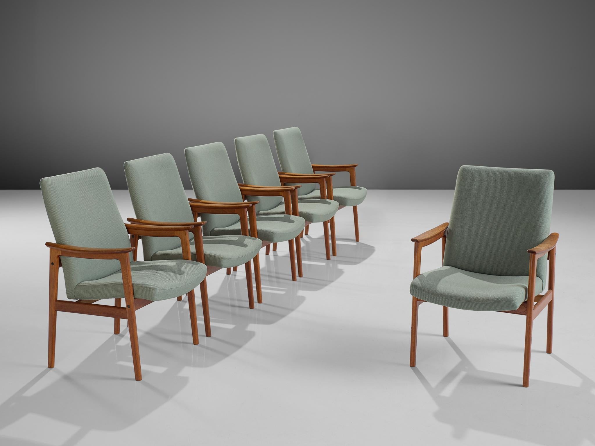 Scandinavian Set of Six High Back Armchairs in Teak and Mint Green Fabric