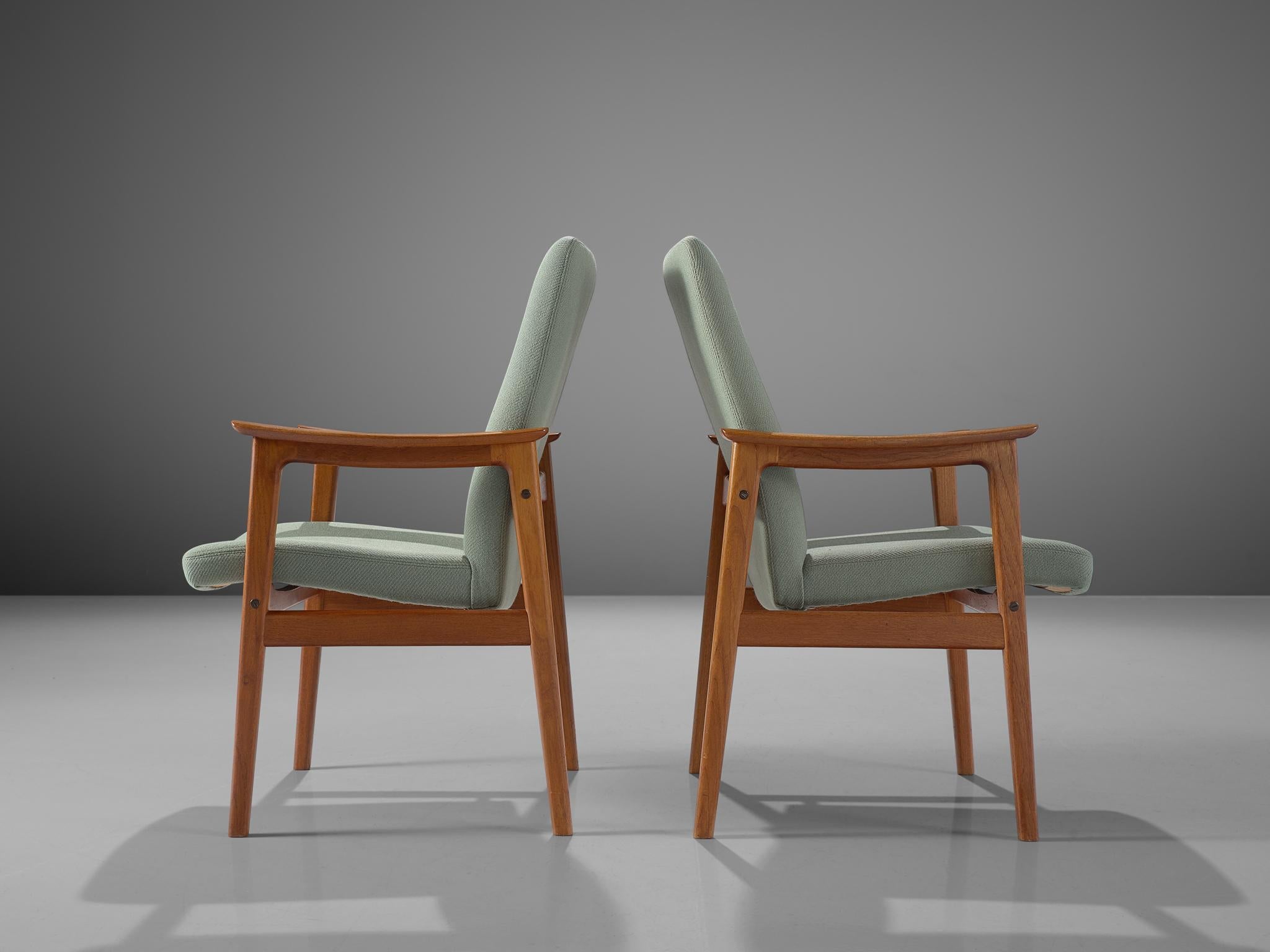 Scandinavian Set of Six High Back Armchairs in Teak and Mint Green Fabric