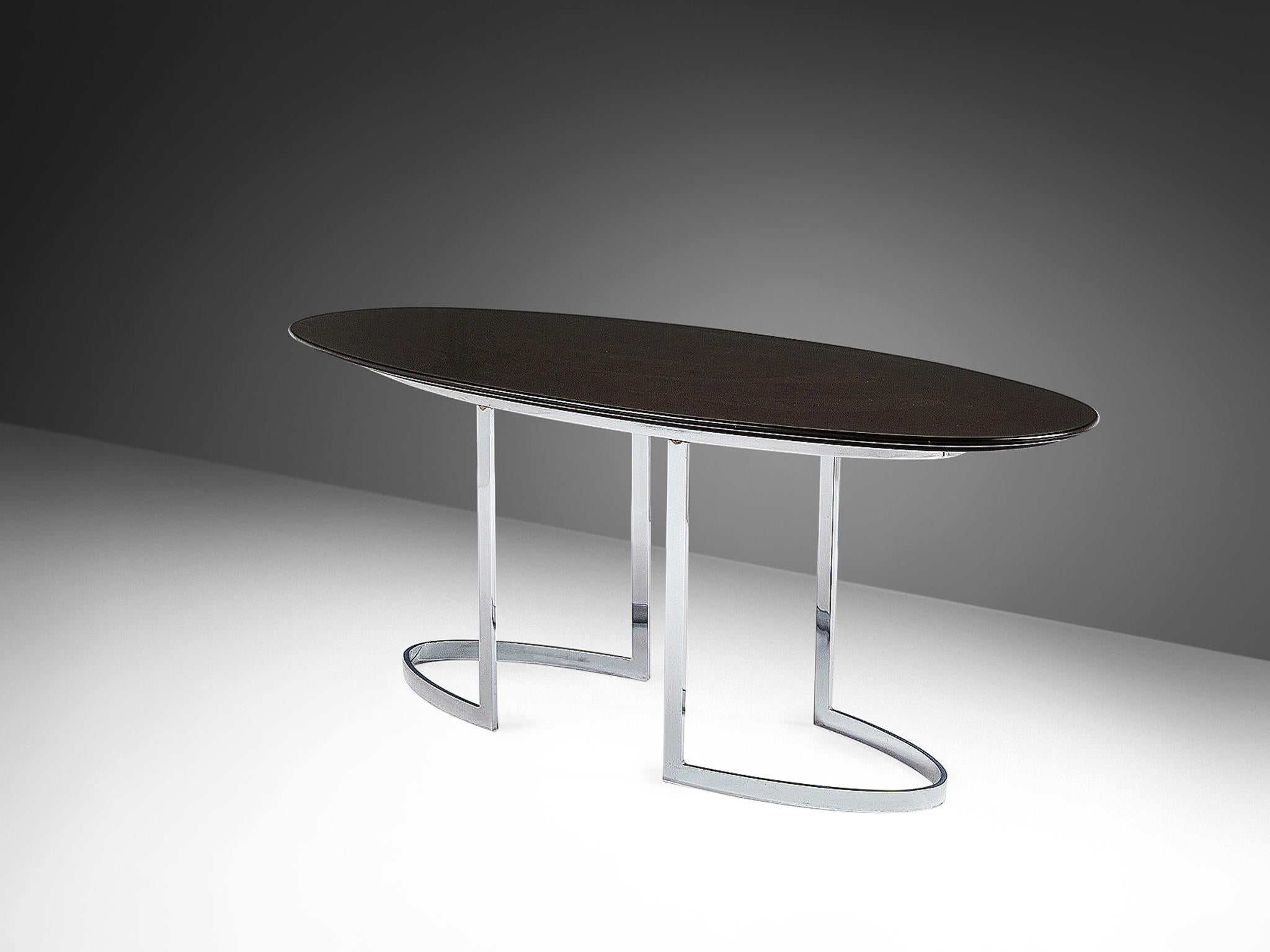Oval Dining Table in Chrome-plated Steel and Black Lacquered Wood