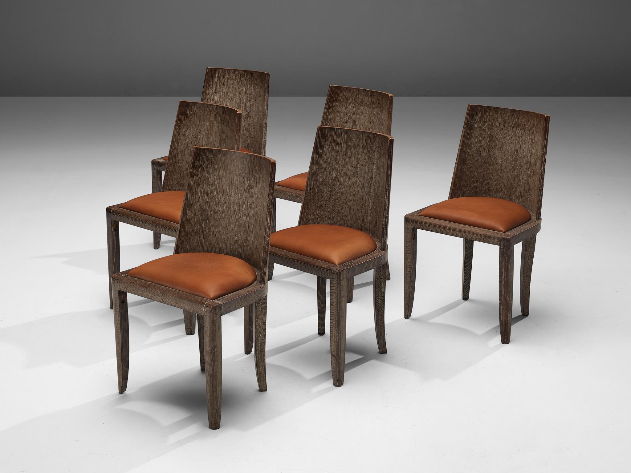 Art Deco Set of Six Dining Chairs in Cerused Oak and Leather