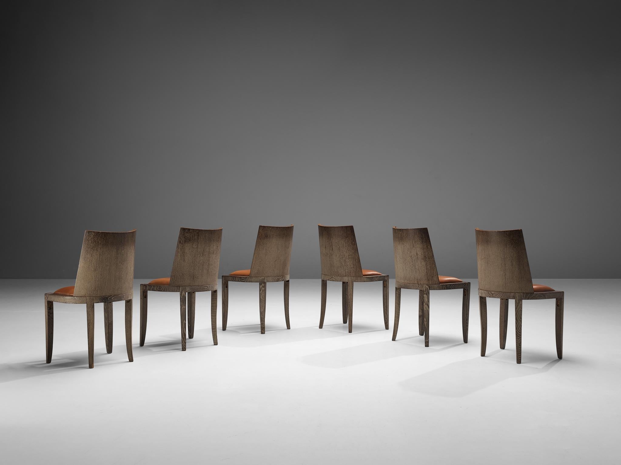 Art Deco Set of Six Dining Chairs in Cerused Oak and Leather