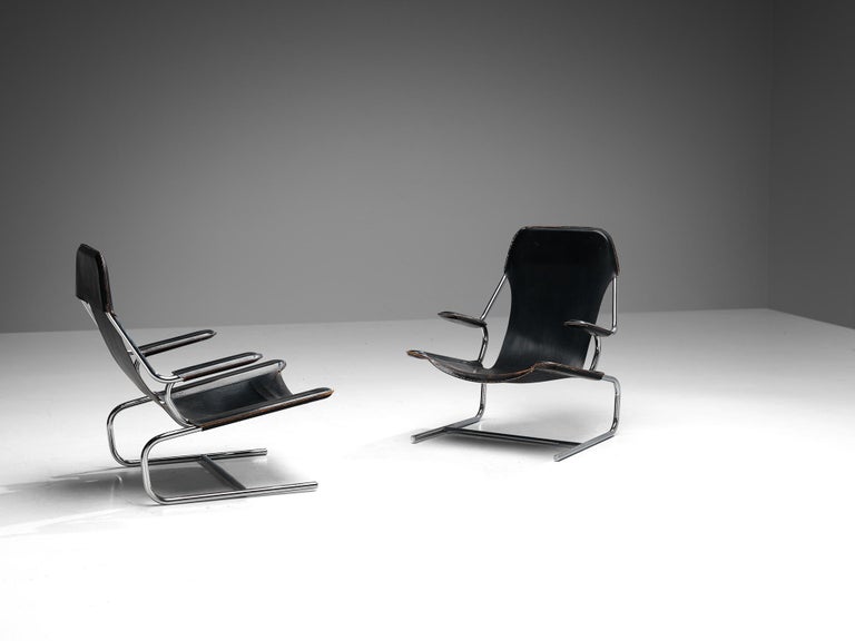 Pair of Tubular Lounge Chairs and Ottoman in Black Leather