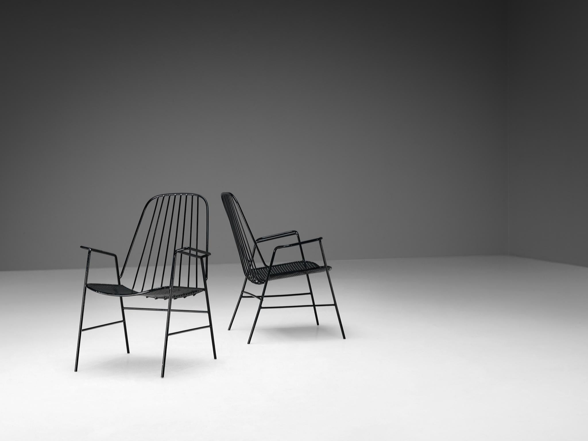 French Pair of Patio Chairs in Black Lacquered Iron
