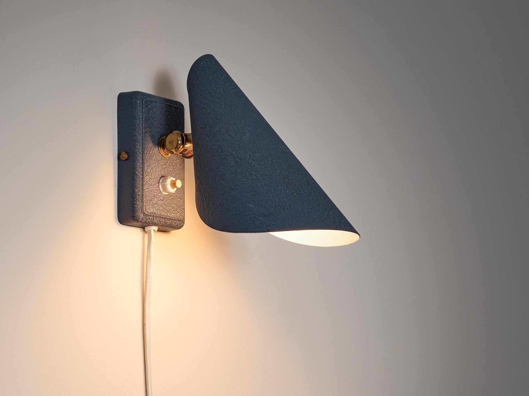 Wall Light in Blue Metal and Brass Detailing