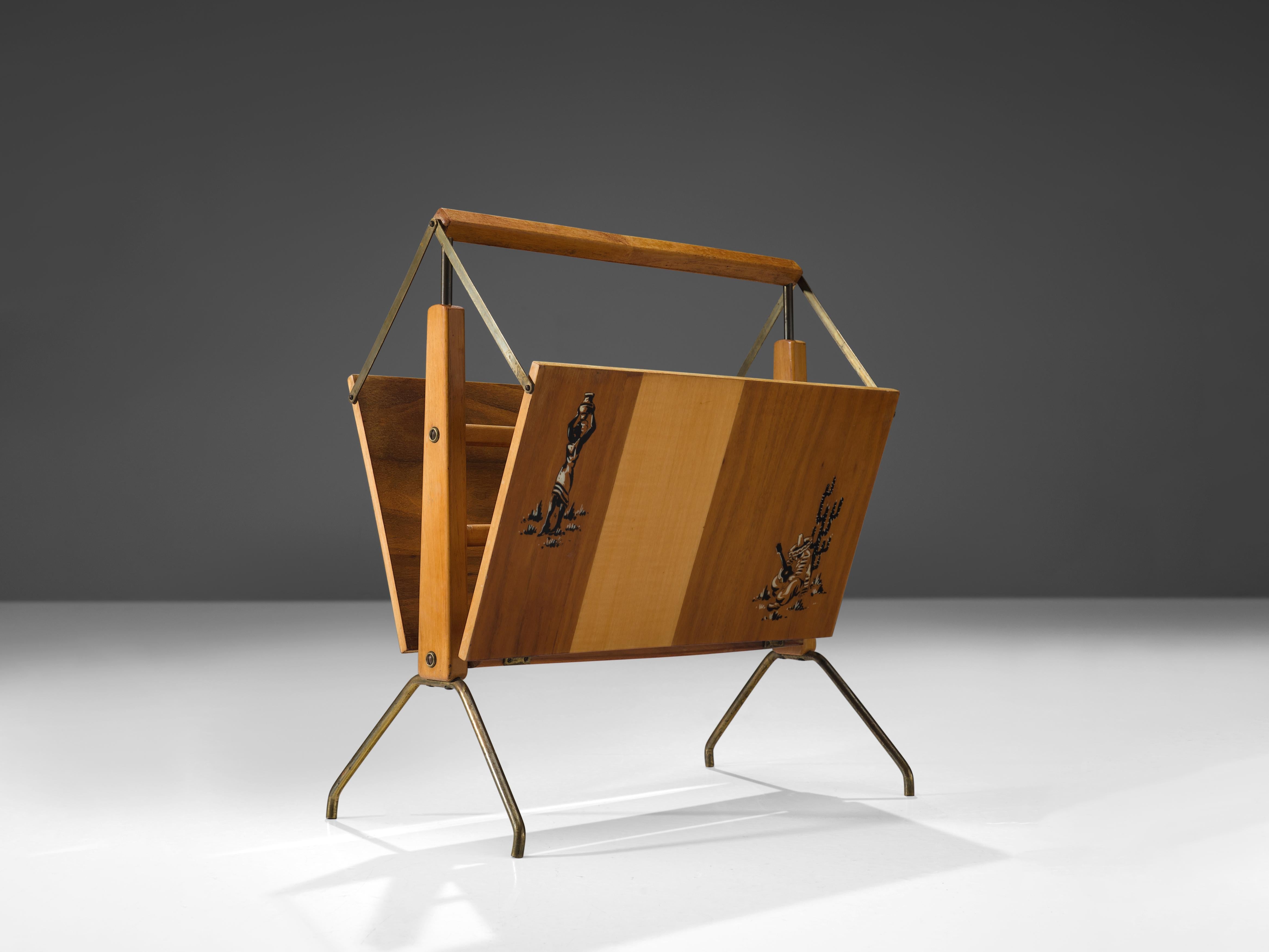 Italian Foldable Magazine Rack in Walnut and Brass with Illustrations