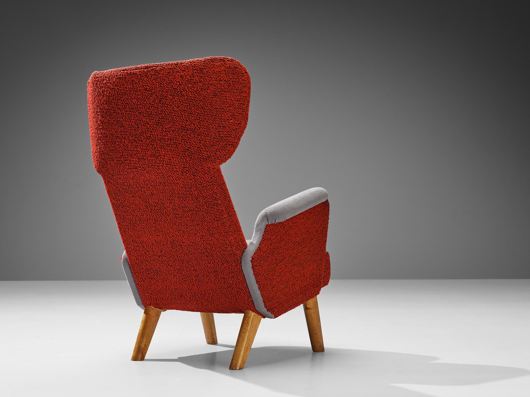 Carl Gustaf Hiort Wingback Chair in Red and Grey Upholstery