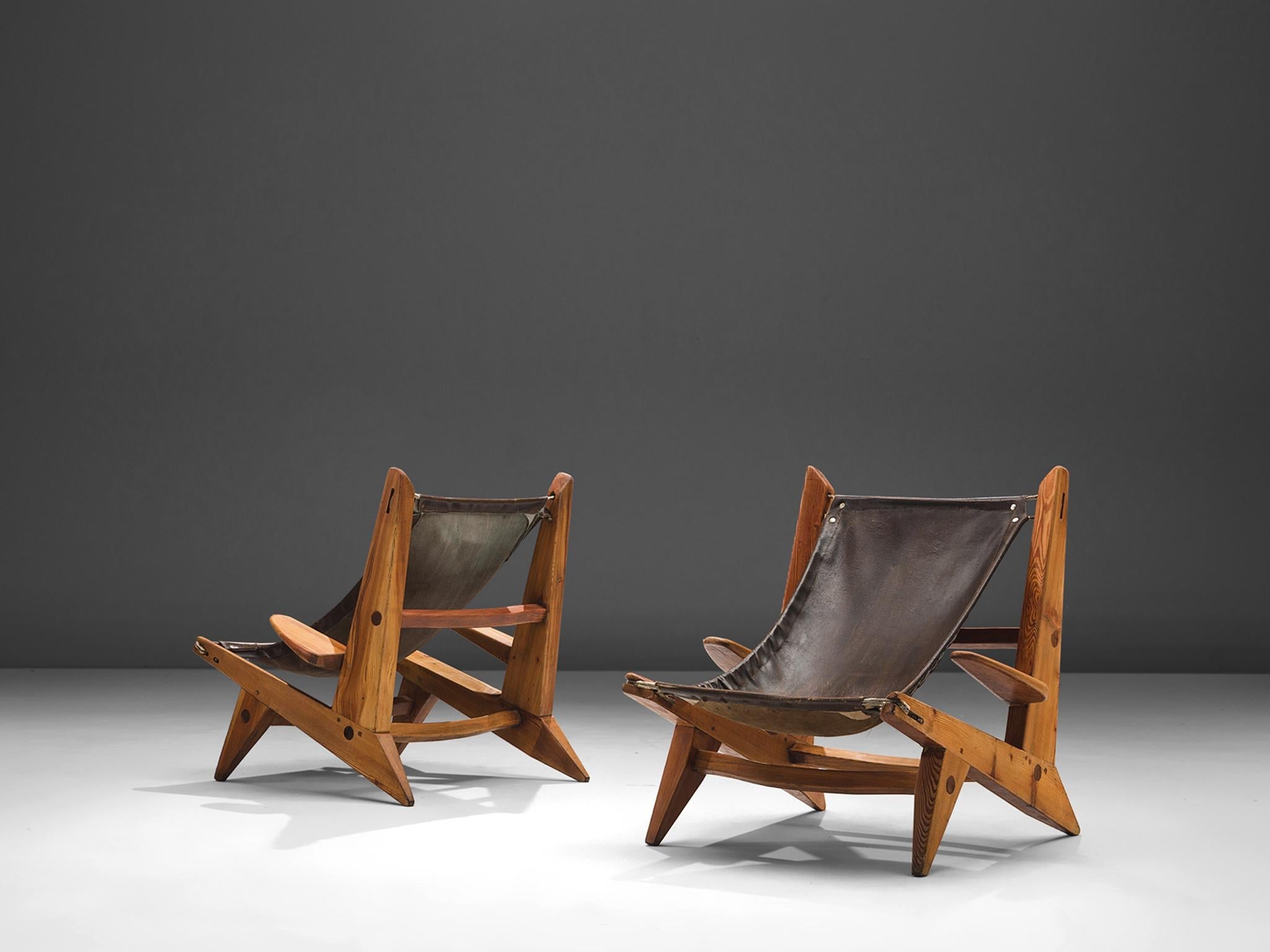 Pair of French Hunting Chairs in Pine and Leather