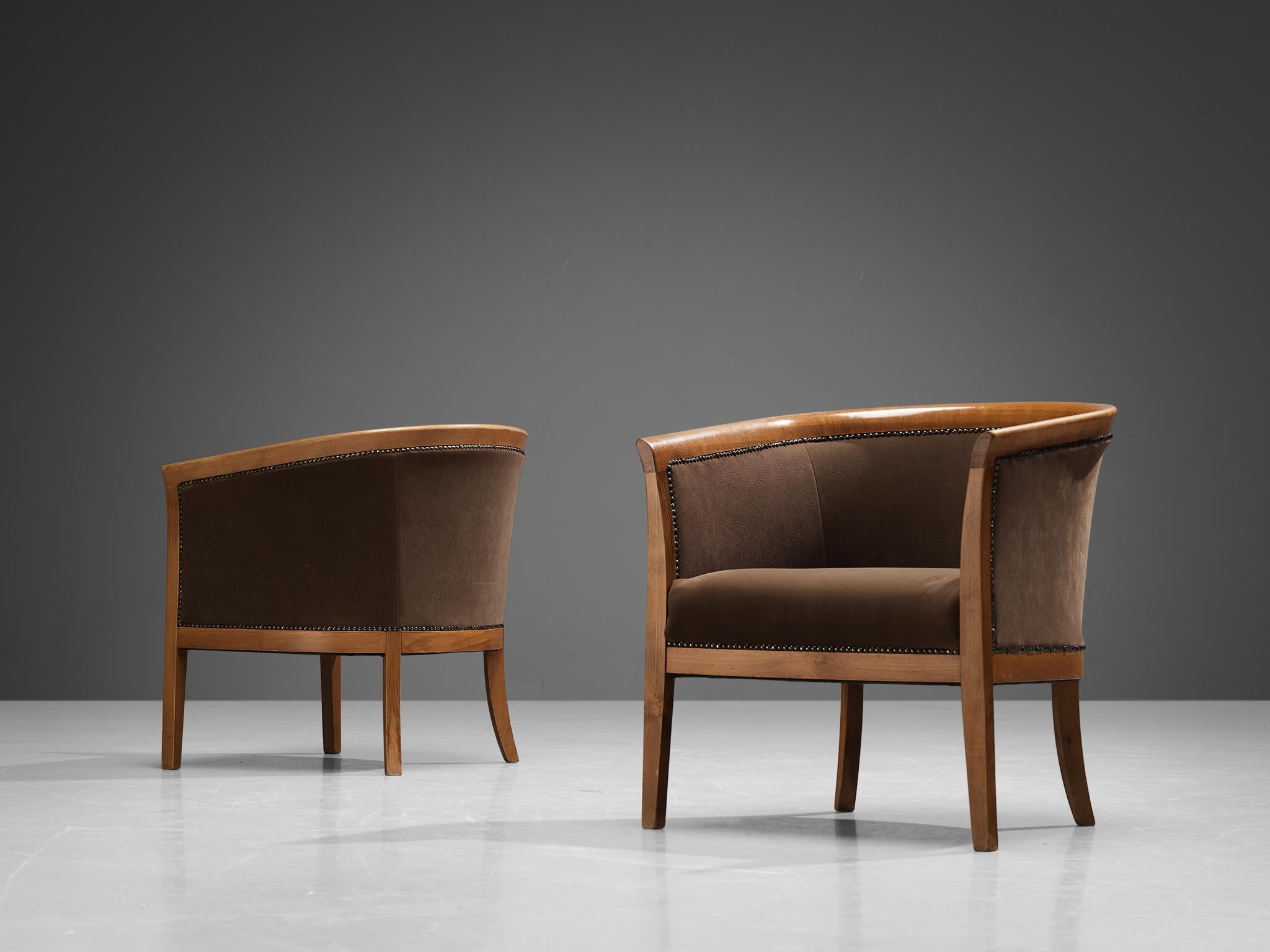French Club Chairs in Brown Upholstery
