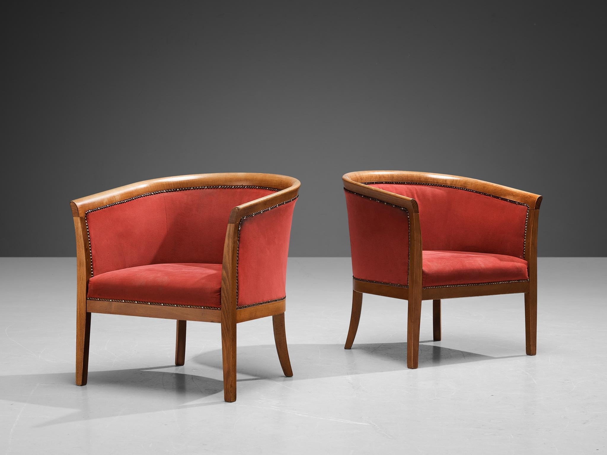 French Club Chairs in Red Upholstery