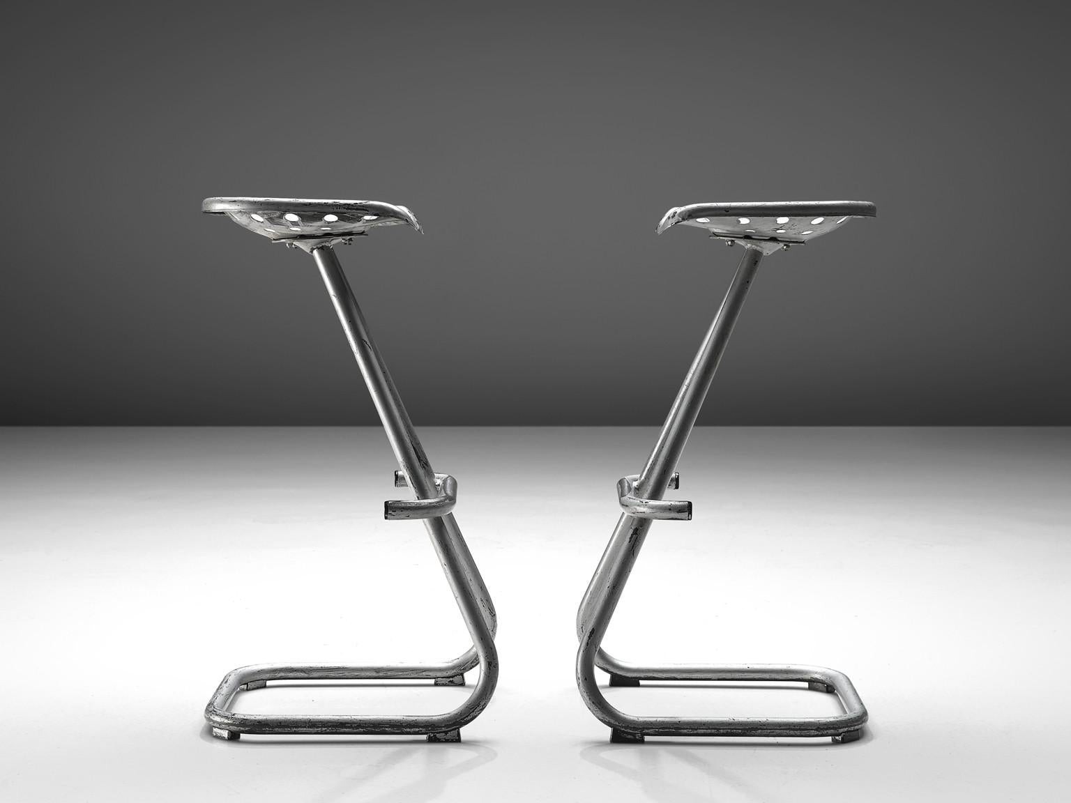 'Tractor' Stools in Silver Colored Metal
