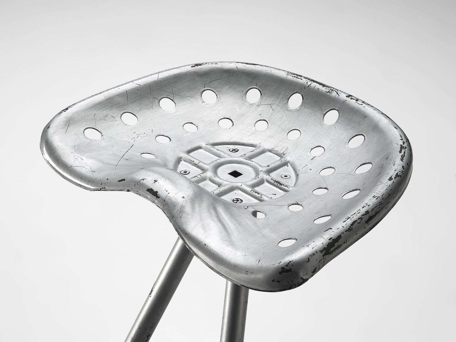 'Tractor' Stools in Silver Colored Metal