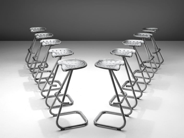 Large Set of 'Tractor' Stools in Silver Colored Metal