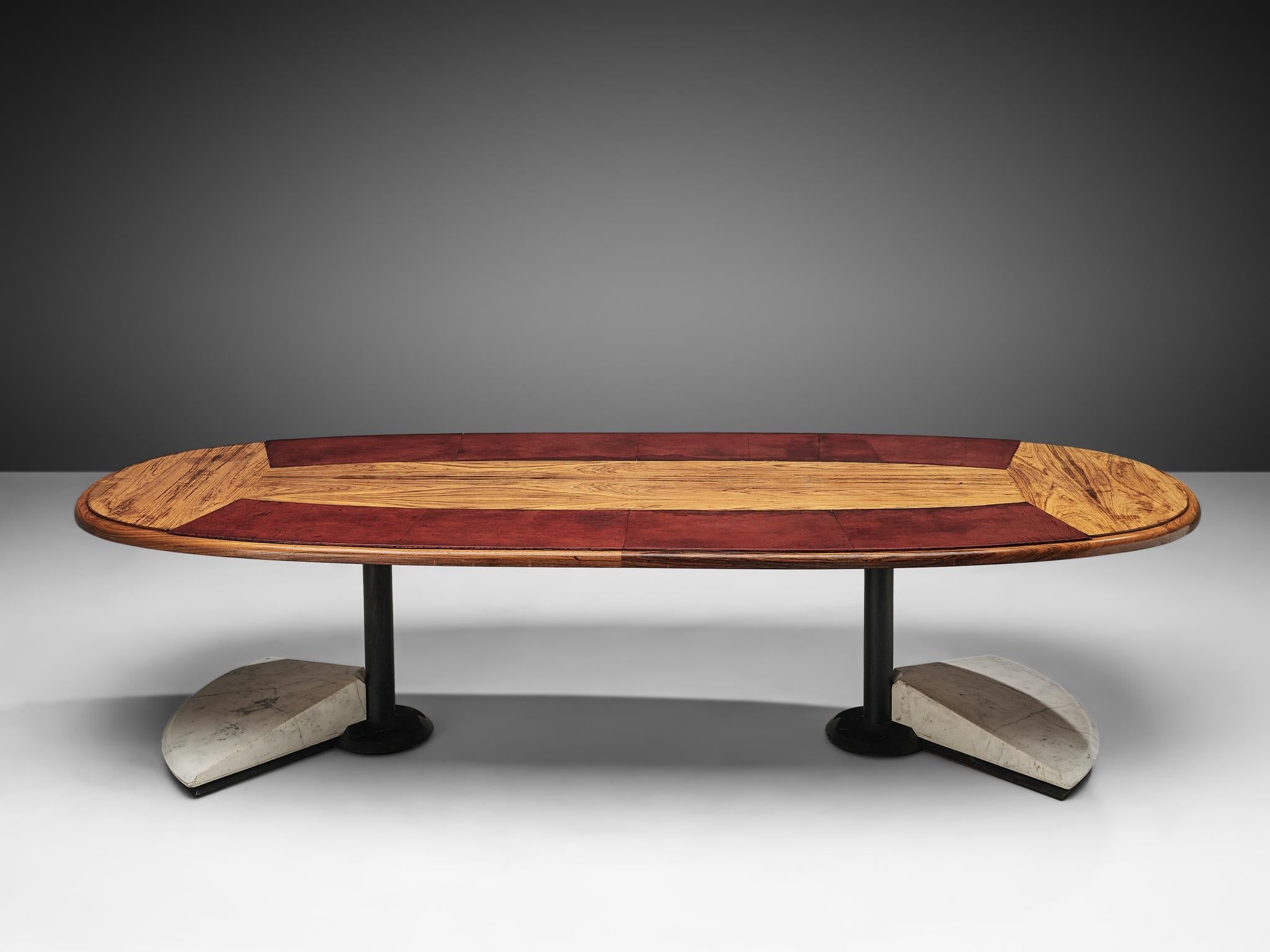 Conference Table in Walnut, Carrara Marble and Red Leather