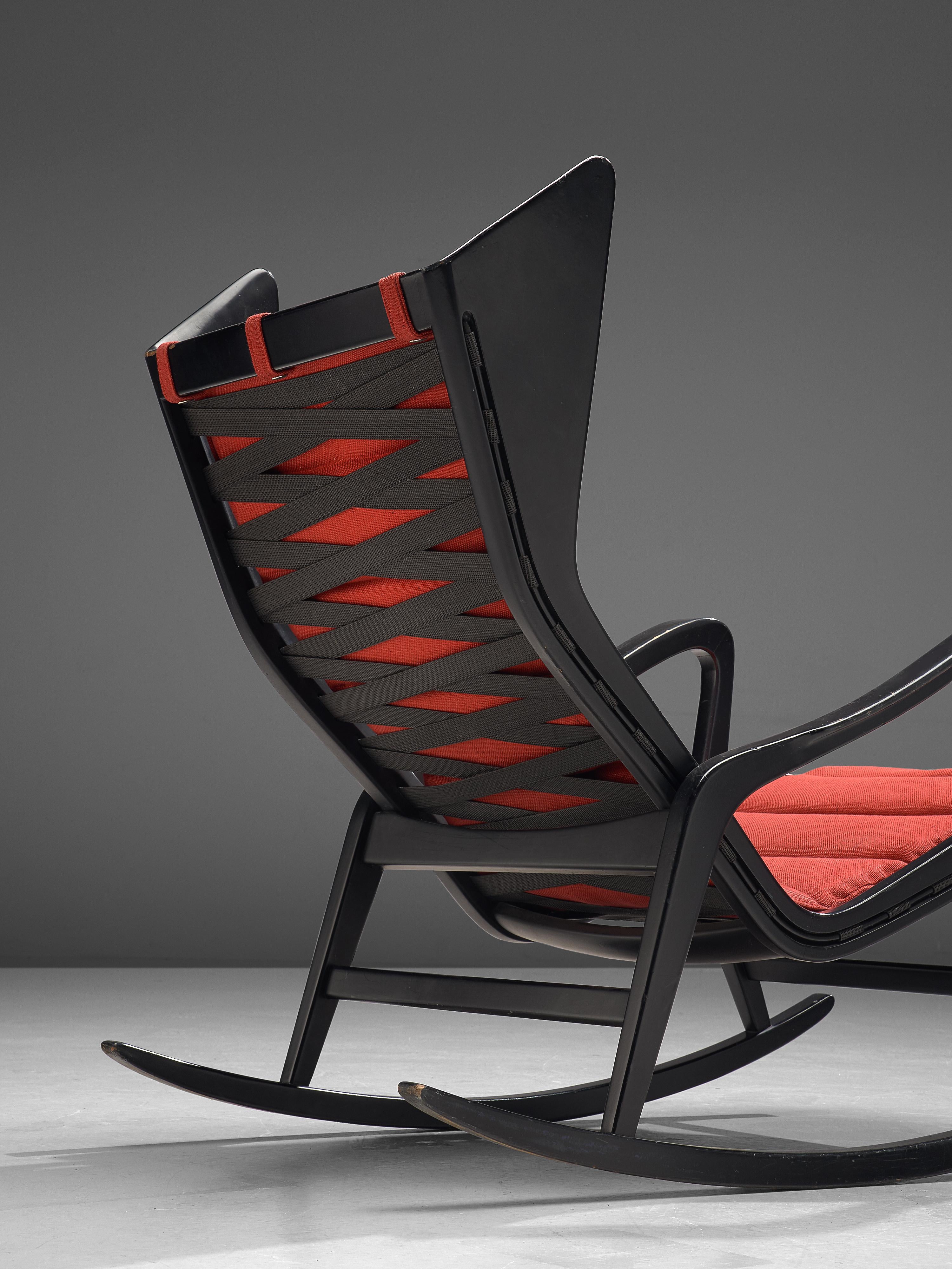 Studio Cassina '572 Rocking' Chair in Ebonized Wood and Red Upholstery
