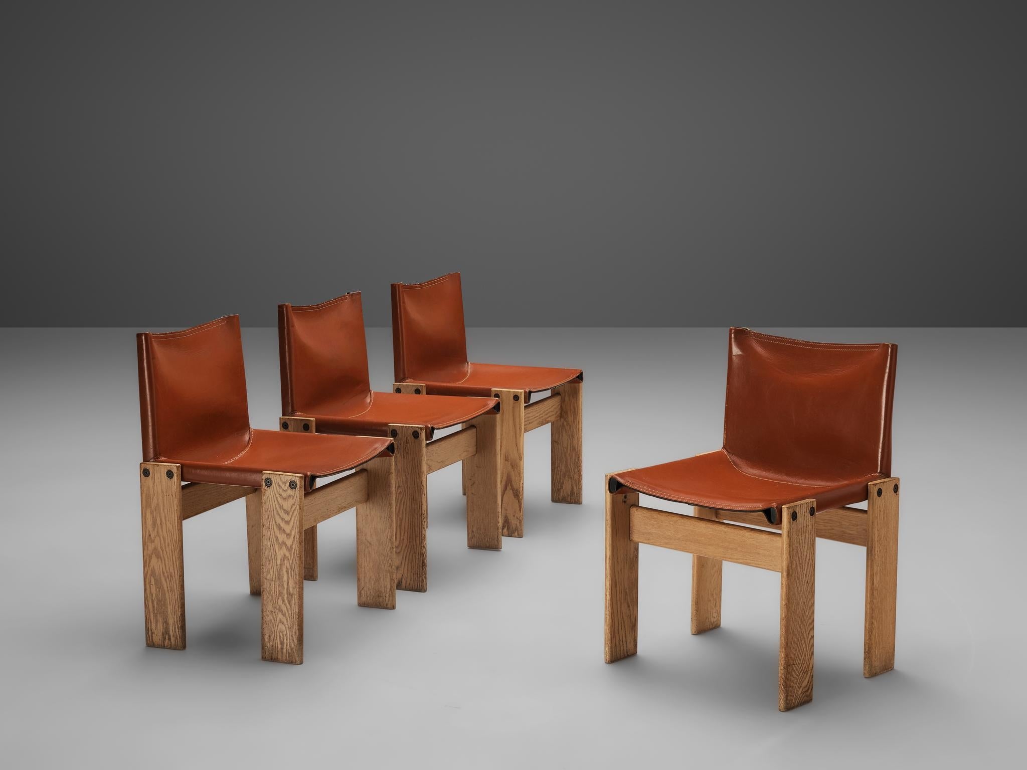 Afra & Tobia Scarpa Set of Four 'Monk' Dining Chairs in Red Leather and Ash