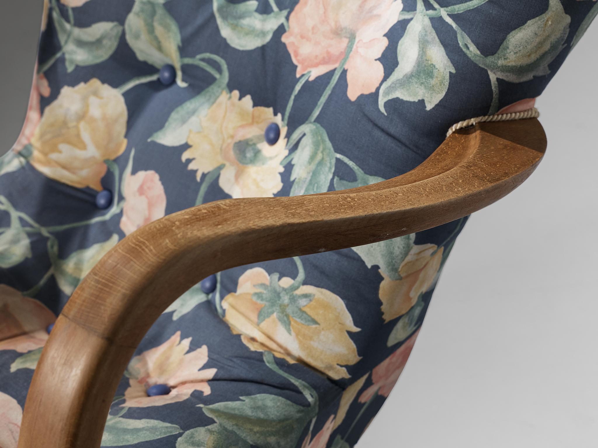 Danish Lounge Chair with Sculptural Armrests and Floral Upholstery