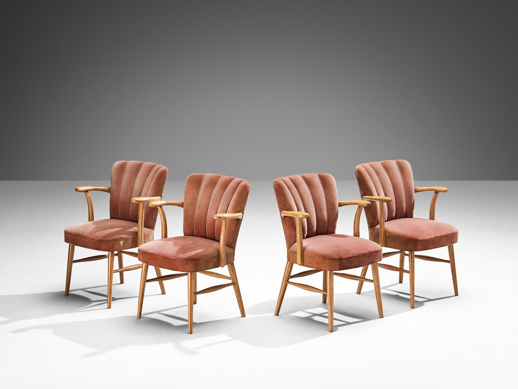 European Armchairs in Soft Pink Velvet Upholstery and Wood
