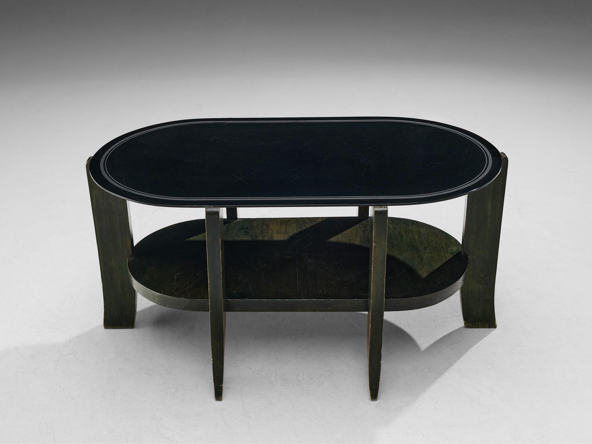 Italian Art Deco Oval Shaped Coffee Table in Green Stained Wood