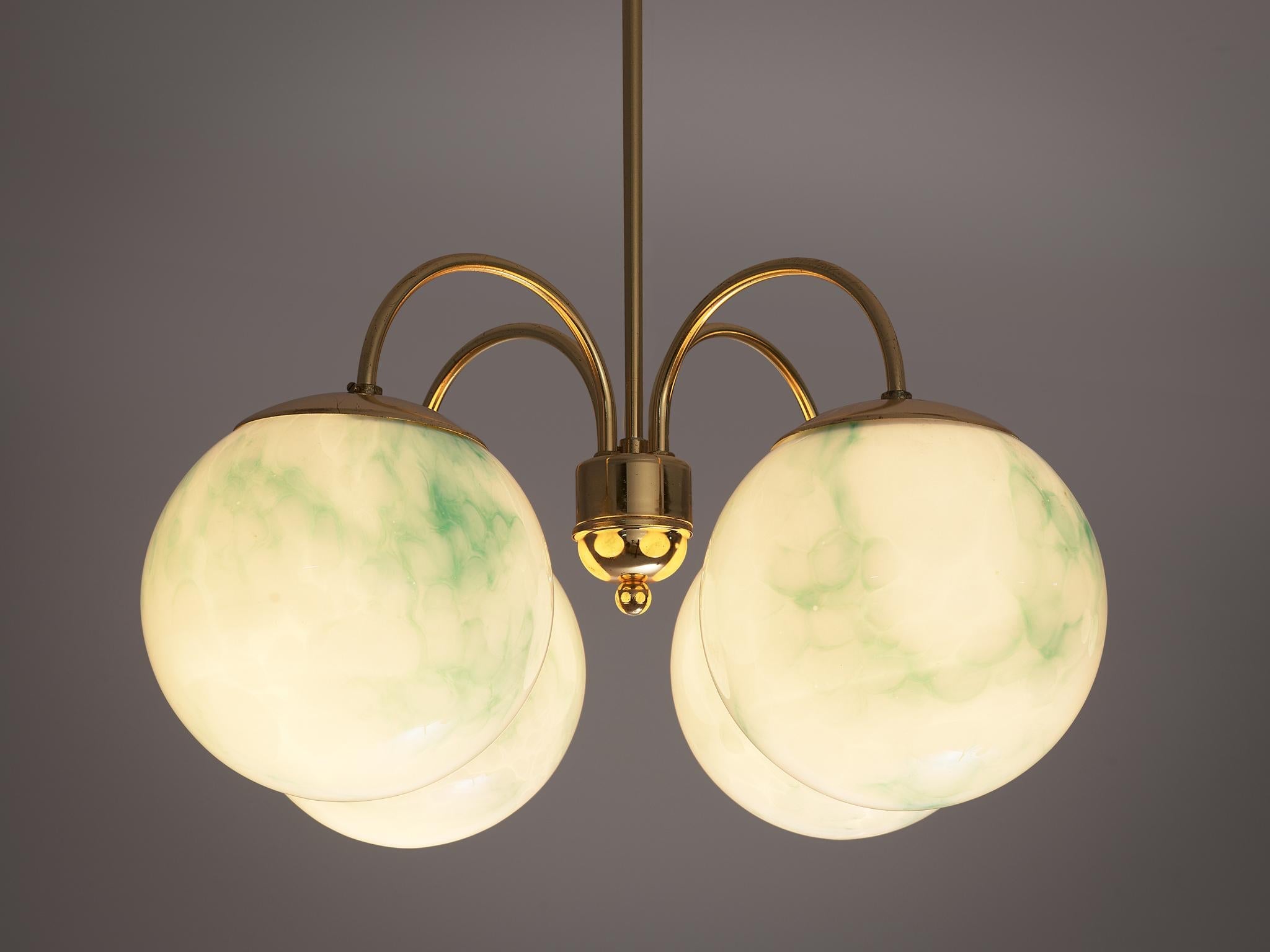Chandeliers with Green Marbled Glass Spheres and Brass