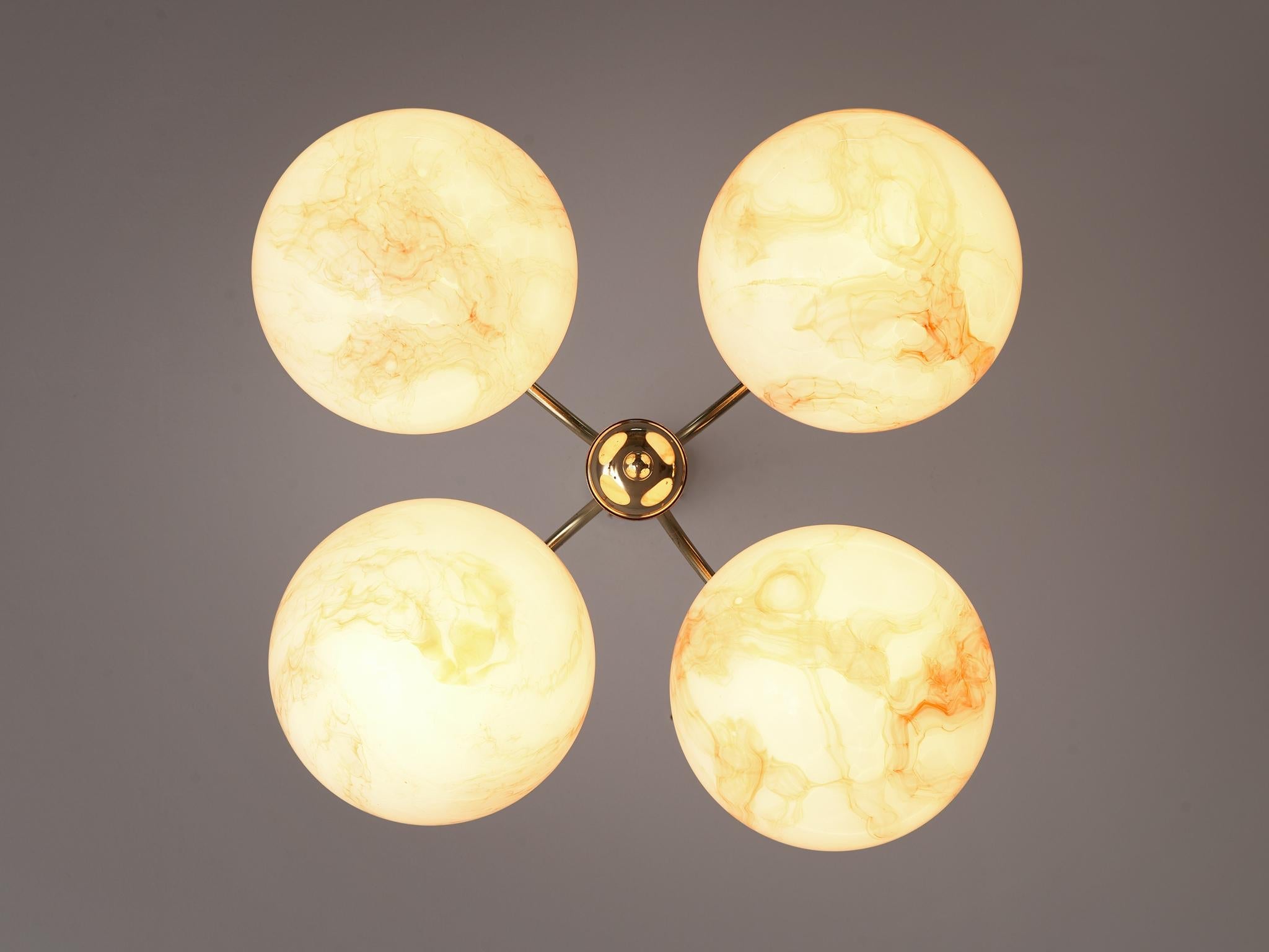 Chandelier with Brown Orange Marbled Glass Spheres and Brass